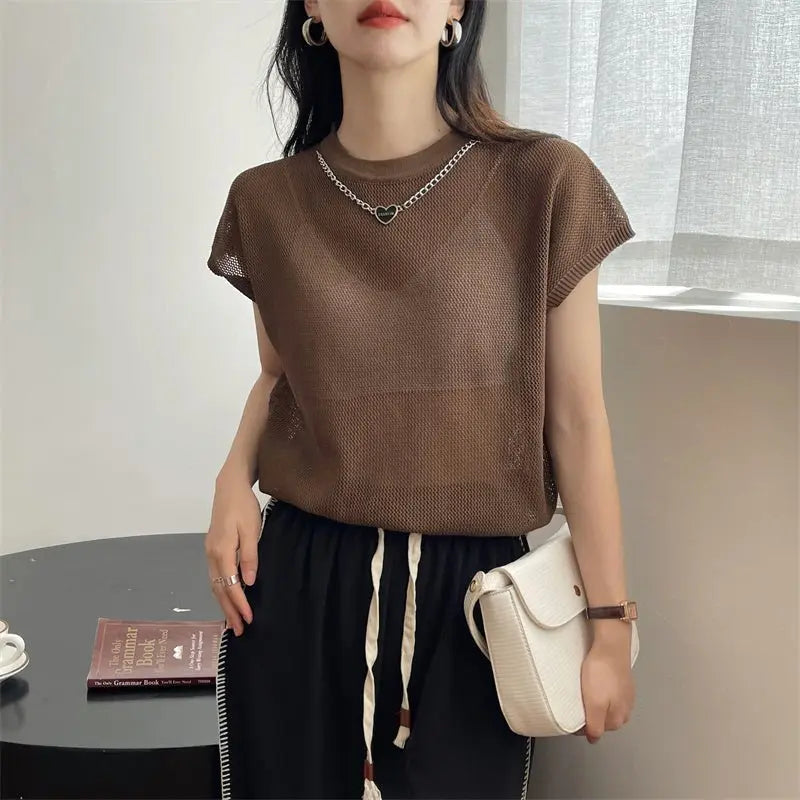 Hollow T-shirt Chain Women Summer New Solid Color Short Sleeve Knitted Tops Female 2022 nowadaysfashion