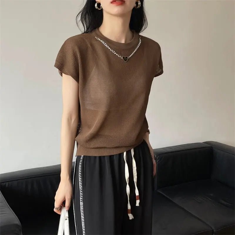 Hollow T-shirt Chain Women Summer New Solid Color Short Sleeve Knitted Tops Female 2022 - Blade & Thread