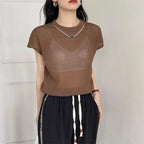 Hollow T-shirt Chain Women Summer New Solid Color Short Sleeve Knitted Tops Female 2022 nowadaysfashion