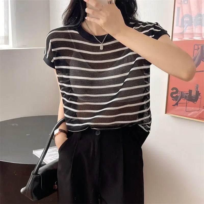 Hollow T-shirt Chain Women Summer New Solid Color Short Sleeve Knitted Tops Female 2022 nowadaysfashion