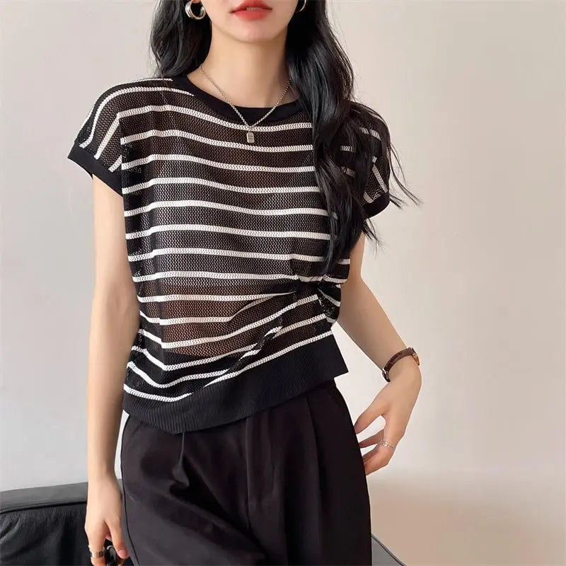 Hollow T-shirt Chain Women Summer New Solid Color Short Sleeve Knitted Tops Female 2022 nowadaysfashion