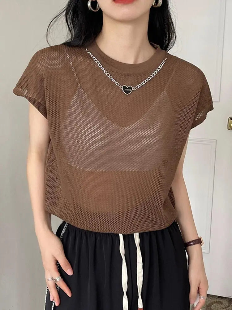 Hollow T-shirt Chain Women Summer New Solid Color Short Sleeve Knitted Tops Female 2022 - Blade & Thread