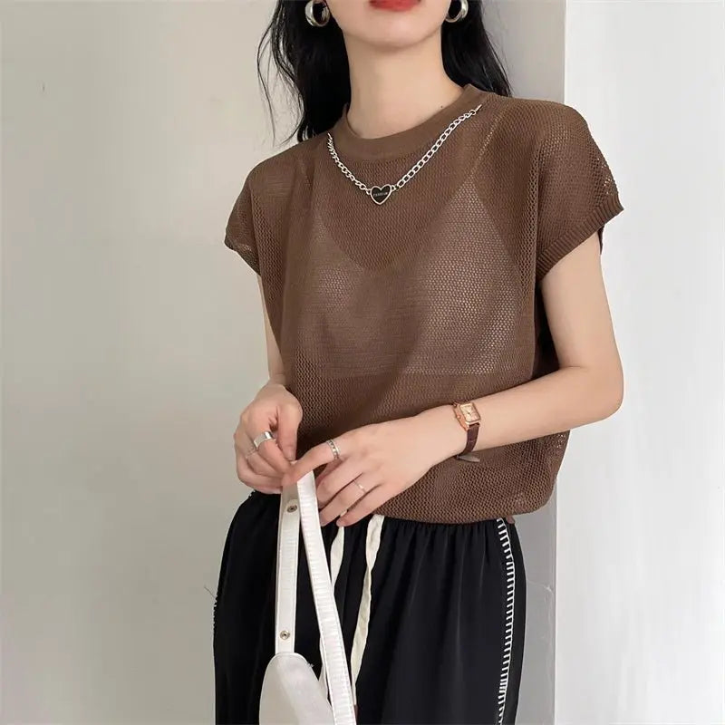 Hollow T-shirt Chain Women Summer New Solid Color Short Sleeve Knitted Tops Female 2022 - Blade & Thread