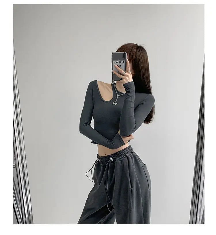 Hollow T-shirt Women Fashion Slim Y2K Cropped Tops Off Shoulder Long Sleeve Tees Woman - Blade & Thread