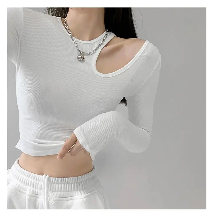 Hollow T-shirt Women Fashion Slim Y2K Cropped Tops Off Shoulder Long Sleeve Tees Woman - Blade & Thread