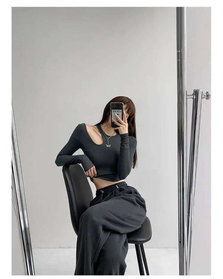Hollow T-shirt Women Fashion Slim Y2K Cropped Tops Off Shoulder Long Sleeve Tees Woman nowadaysfashion