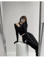 Hollow T-shirt Women Fashion Slim Y2K Cropped Tops Off Shoulder Long Sleeve Tees Woman nowadaysfashion
