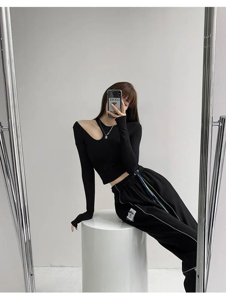 Hollow T-shirt Women Fashion Slim Y2K Cropped Tops Off Shoulder Long Sleeve Tees Woman - Blade & Thread