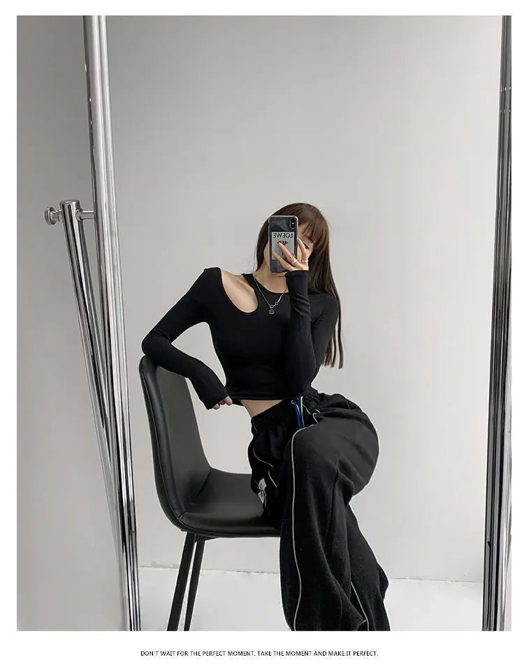 Hollow T-shirt Women Fashion Slim Y2K Cropped Tops Off Shoulder Long Sleeve Tees Woman - Blade & Thread