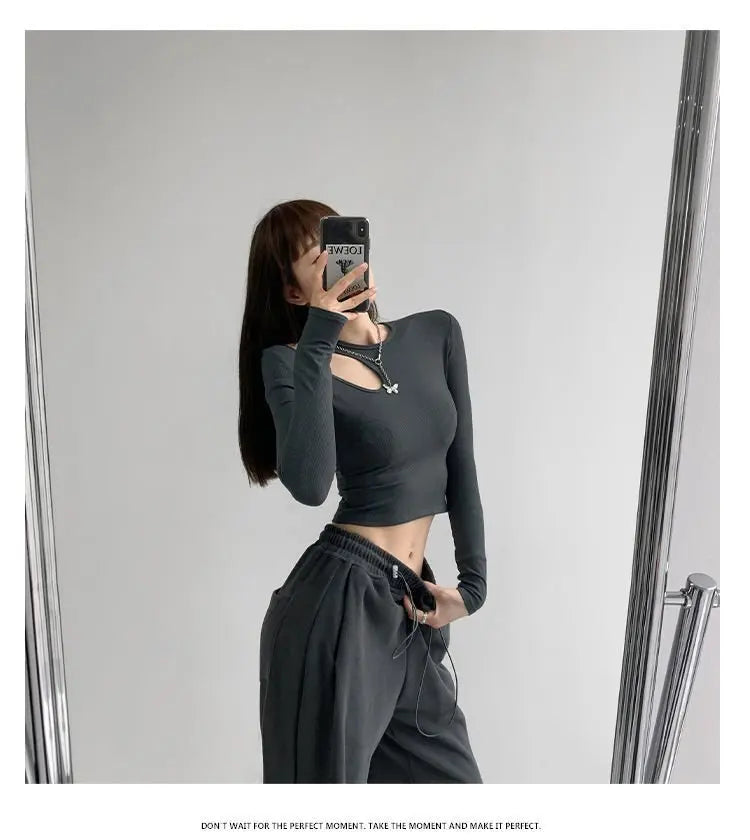 Hollow T-shirt Women Fashion Slim Y2K Cropped Tops Off Shoulder Long Sleeve Tees Woman nowadaysfashion
