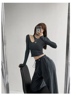 Hollow T-shirt Women Fashion Slim Y2K Cropped Tops Off Shoulder Long Sleeve Tees Woman nowadaysfashion