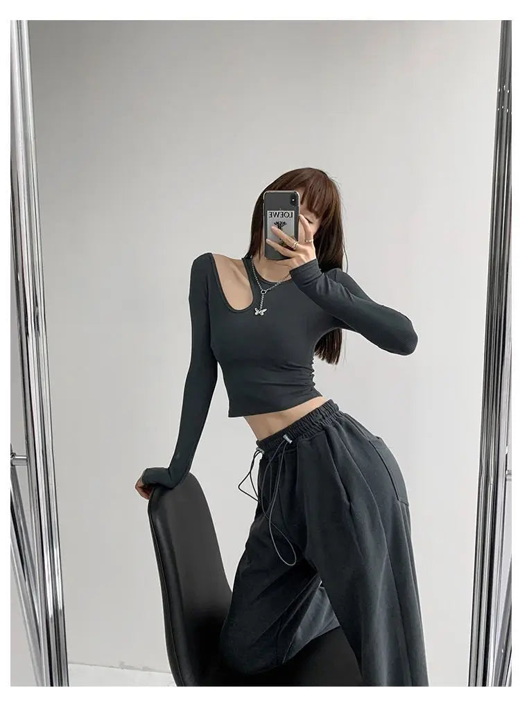 Hollow T-shirt Women Fashion Slim Y2K Cropped Tops Off Shoulder Long Sleeve Tees Woman - Blade & Thread