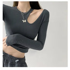 Hollow T-shirt Women Fashion Slim Y2K Cropped Tops Off Shoulder Long Sleeve Tees Woman nowadaysfashion