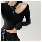 Hollow T-shirt Women Fashion Slim Y2K Cropped Tops Off Shoulder Long Sleeve Tees Woman nowadaysfashion