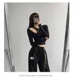Hollow T-shirt Women Fashion Slim Y2K Cropped Tops Off Shoulder Long Sleeve Tees Woman nowadaysfashion