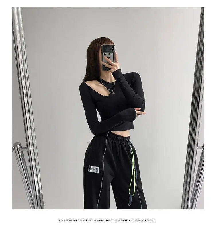 Hollow T-shirt Women Fashion Slim Y2K Cropped Tops Off Shoulder Long Sleeve Tees Woman nowadaysfashion