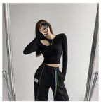 Hollow T-shirt Women Fashion Slim Y2K Cropped Tops Off Shoulder Long Sleeve Tees Woman nowadaysfashion