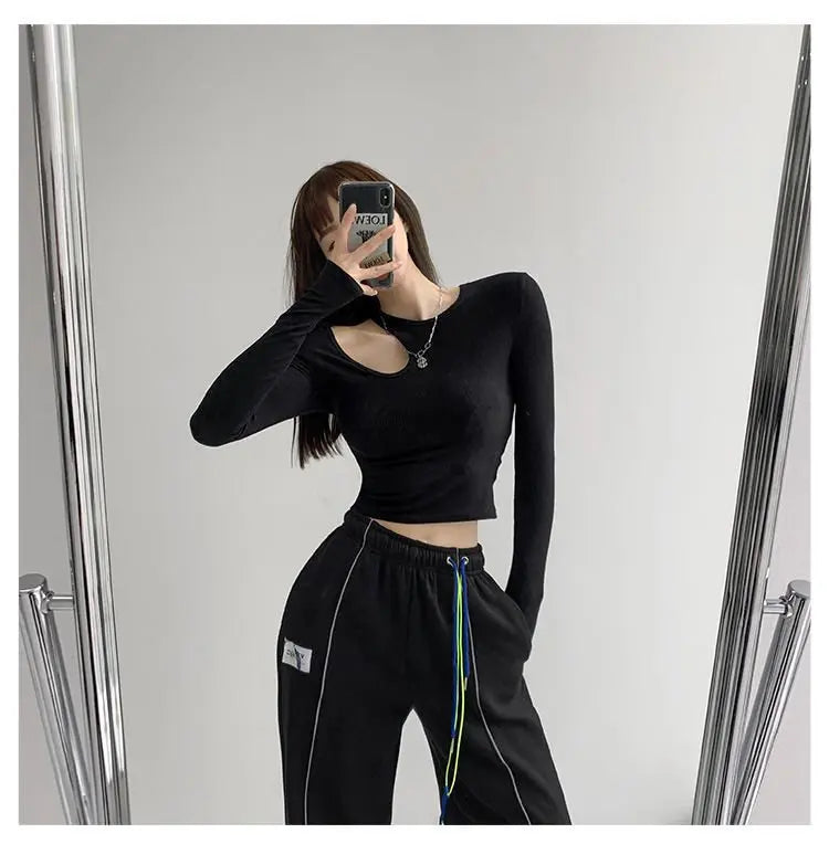 Hollow T-shirt Women Fashion Slim Y2K Cropped Tops Off Shoulder Long Sleeve Tees Woman - Blade & Thread
