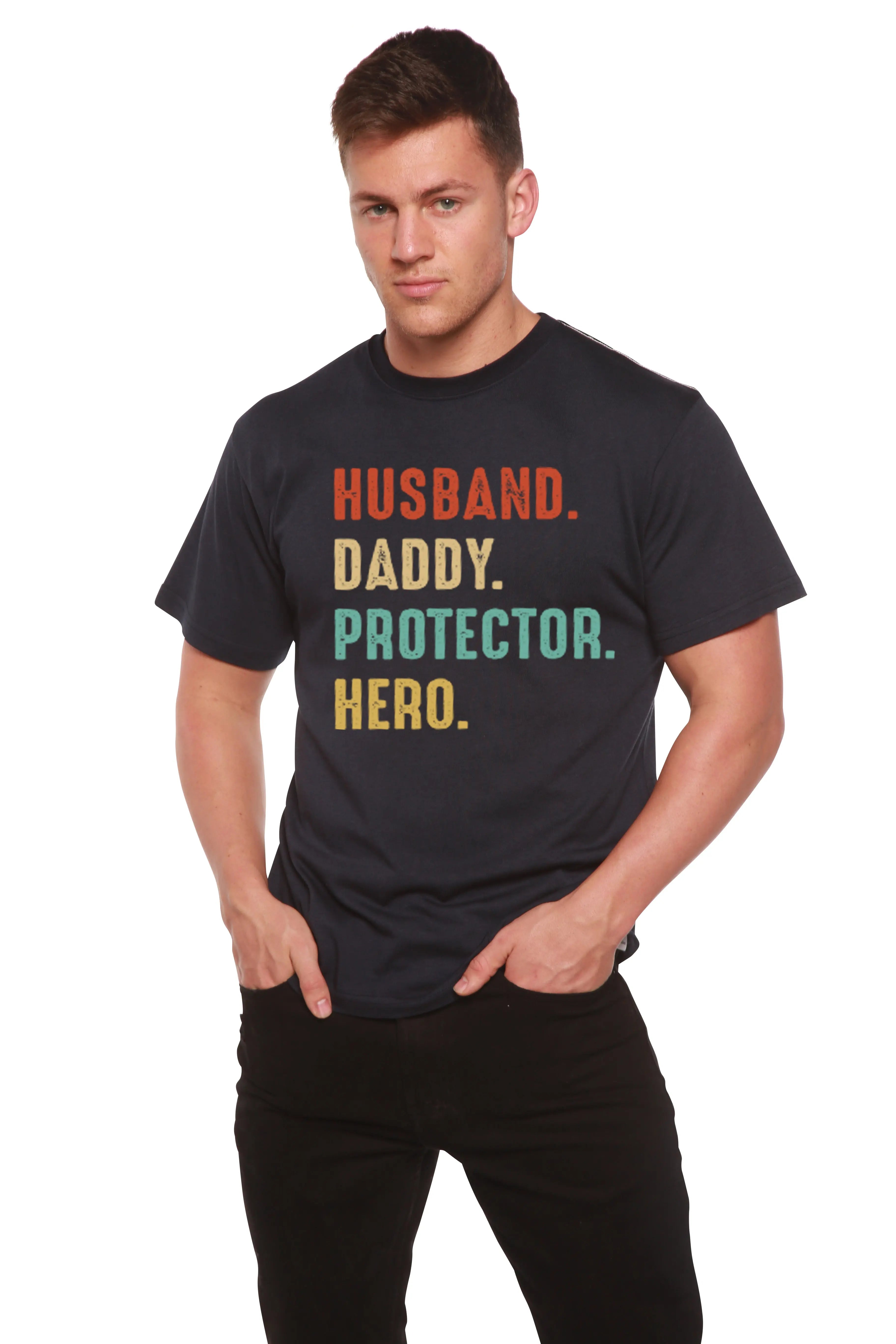 Husband, Daddy, Protector, Hero Men's Bamboo Viscose/Organic Cotton Short Sleeve Graphic T-Shirt Spun Bamboo