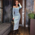 ibbed Solid Slash Neck Slip Long Sleeves Bodycon Mini Dress Streetwear Y2K nowadaysfashion