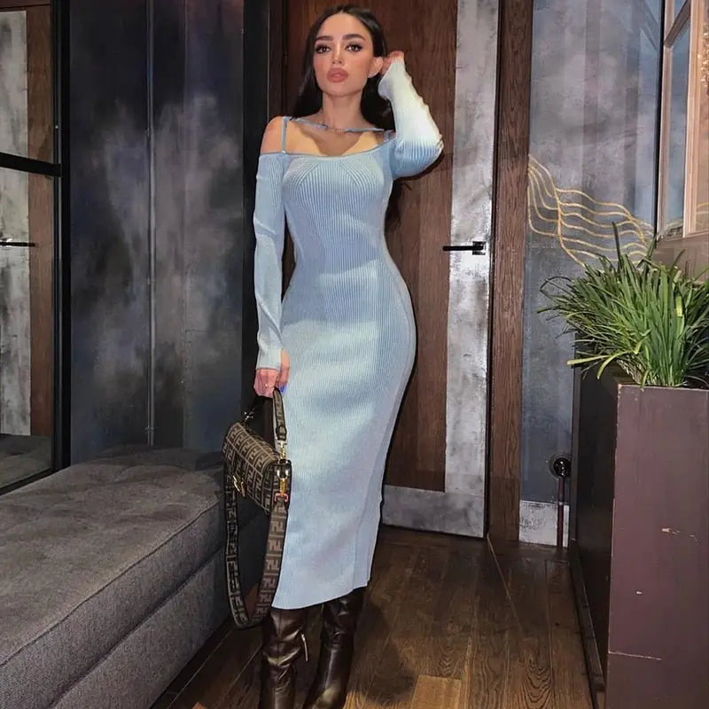 ibbed Solid Slash Neck Slip Long Sleeves Bodycon Mini Dress Streetwear Y2K nowadaysfashion