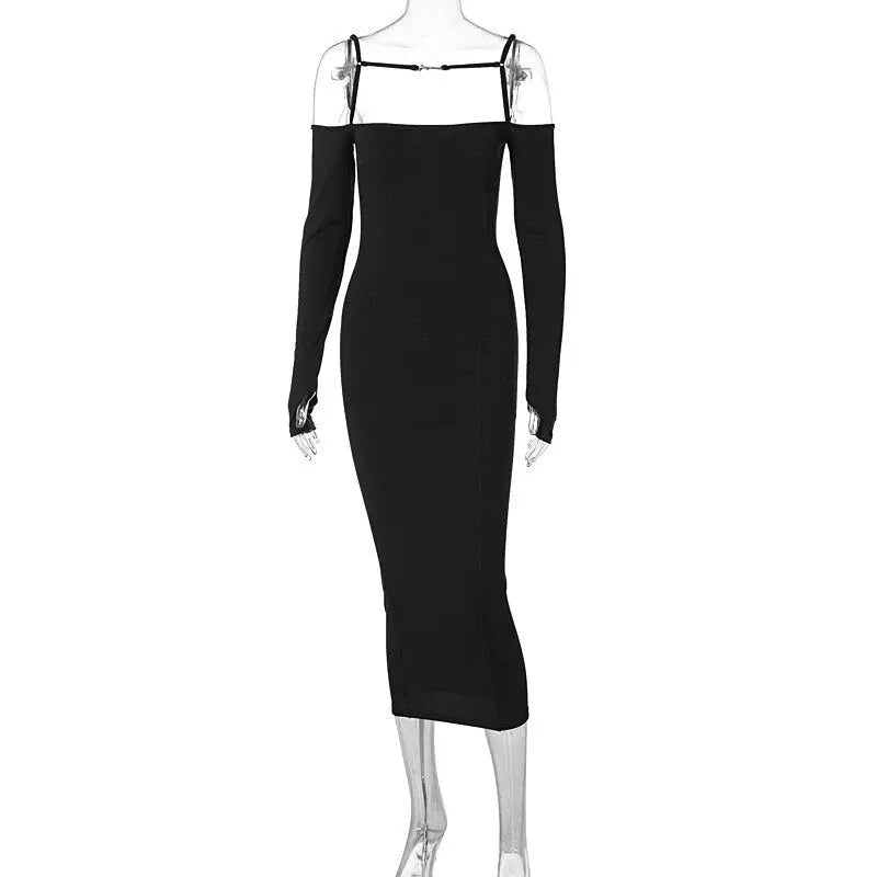 ibbed Solid Slash Neck Slip Long Sleeves Bodycon Mini Dress Streetwear Y2K - Blade & Thread