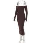 ibbed Solid Slash Neck Slip Long Sleeves Bodycon Mini Dress Streetwear Y2K nowadaysfashion