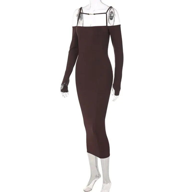 ibbed Solid Slash Neck Slip Long Sleeves Bodycon Mini Dress Streetwear Y2K - Blade & Thread