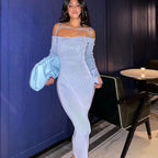 ibbed Solid Slash Neck Slip Long Sleeves Bodycon Mini Dress Streetwear Y2K nowadaysfashion