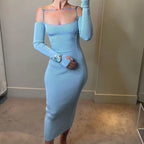 ibbed Solid Slash Neck Slip Long Sleeves Bodycon Mini Dress Streetwear Y2K nowadaysfashion