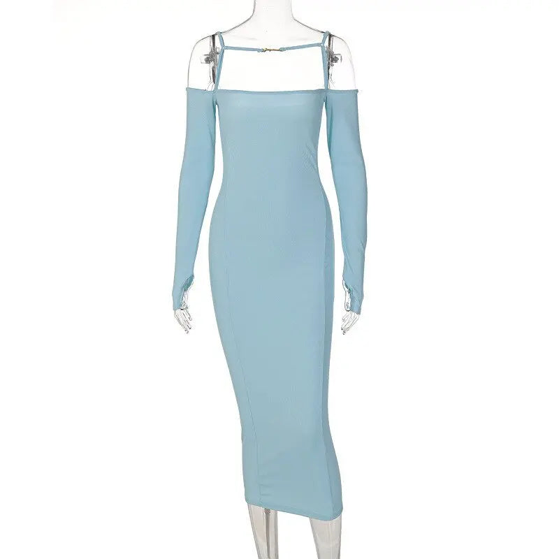 ibbed Solid Slash Neck Slip Long Sleeves Bodycon Mini Dress Streetwear Y2K - Blade & Thread