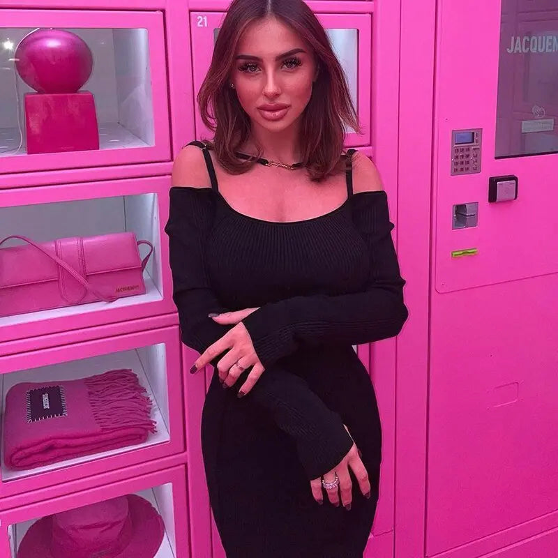 ibbed Solid Slash Neck Slip Long Sleeves Bodycon Mini Dress Streetwear Y2K nowadaysfashion