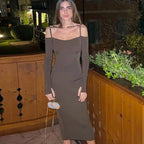 ibbed Solid Slash Neck Slip Long Sleeves Bodycon Mini Dress Streetwear Y2K nowadaysfashion