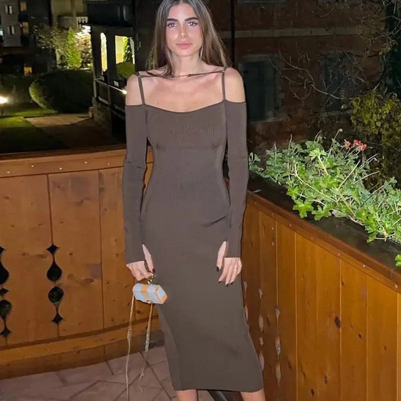 ibbed Solid Slash Neck Slip Long Sleeves Bodycon Mini Dress Streetwear Y2K - Blade & Thread