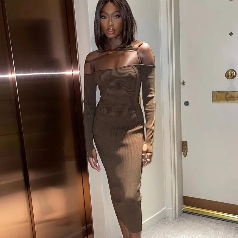 ibbed Solid Slash Neck Slip Long Sleeves Bodycon Mini Dress Streetwear Y2K - Blade & Thread