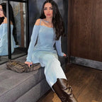 ibbed Solid Slash Neck Slip Long Sleeves Bodycon Mini Dress Streetwear Y2K nowadaysfashion