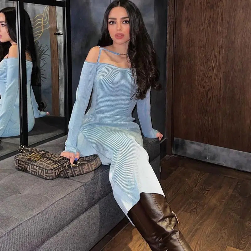 ibbed Solid Slash Neck Slip Long Sleeves Bodycon Mini Dress Streetwear Y2K - Blade & Thread