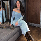 ibbed Solid Slash Neck Slip Long Sleeves Bodycon Mini Dress Streetwear Y2K nowadaysfashion