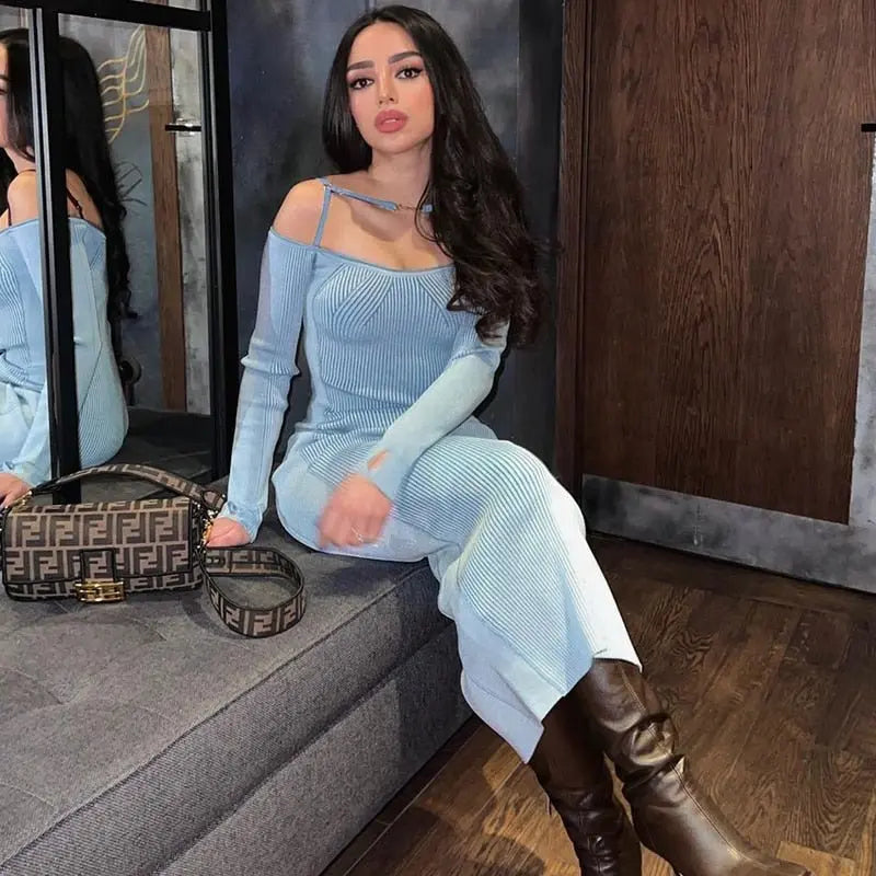 ibbed Solid Slash Neck Slip Long Sleeves Bodycon Mini Dress Streetwear Y2K nowadaysfashion