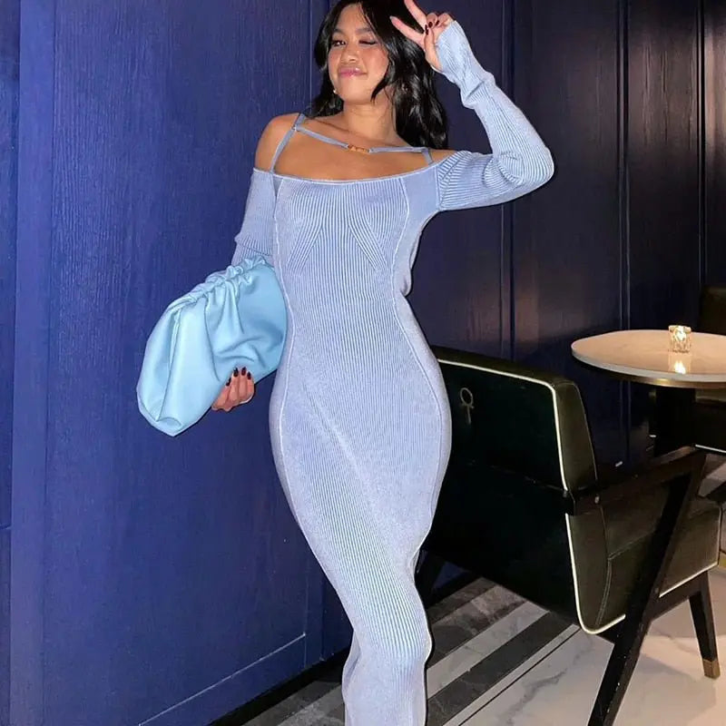 ibbed Solid Slash Neck Slip Long Sleeves Bodycon Mini Dress Streetwear Y2K nowadaysfashion