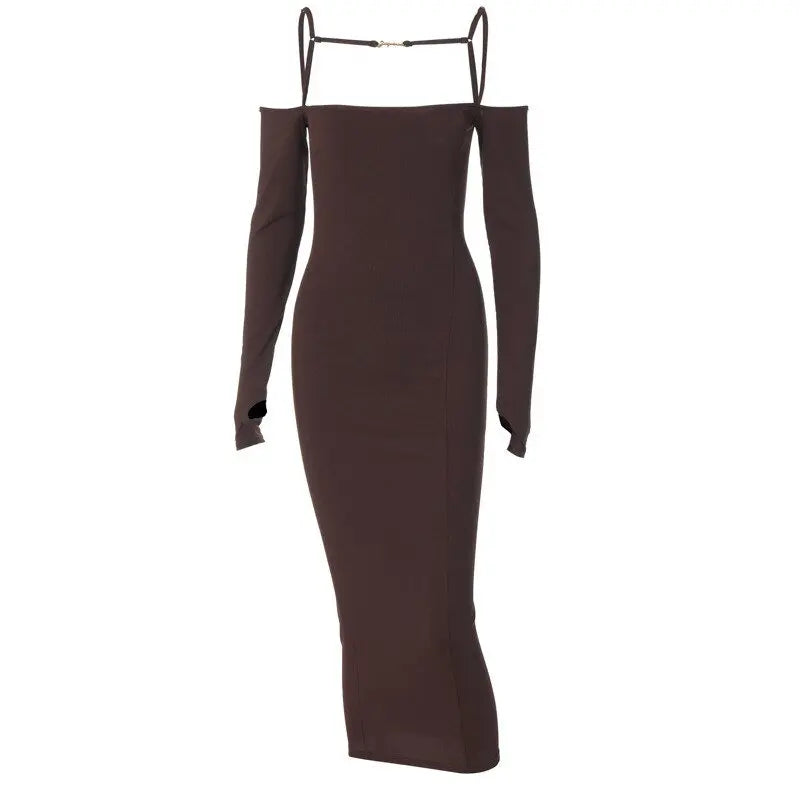 ibbed Solid Slash Neck Slip Long Sleeves Bodycon Mini Dress Streetwear Y2K - Blade & Thread