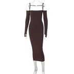 ibbed Solid Slash Neck Slip Long Sleeves Bodycon Mini Dress Streetwear Y2K nowadaysfashion