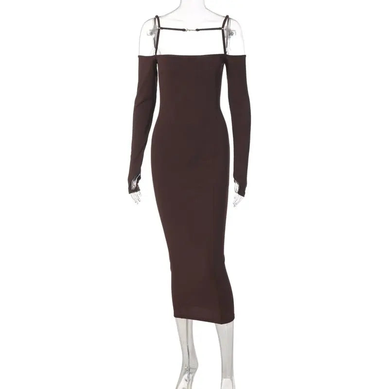ibbed Solid Slash Neck Slip Long Sleeves Bodycon Mini Dress Streetwear Y2K - Blade & Thread