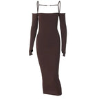 ibbed Solid Slash Neck Slip Long Sleeves Bodycon Mini Dress Streetwear Y2K nowadaysfashion