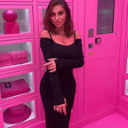 ibbed Solid Slash Neck Slip Long Sleeves Bodycon Mini Dress Streetwear Y2K nowadaysfashion