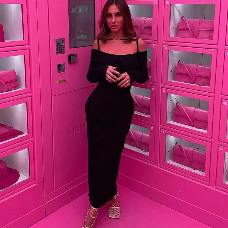 ibbed Solid Slash Neck Slip Long Sleeves Bodycon Mini Dress Streetwear Y2K - Blade & Thread