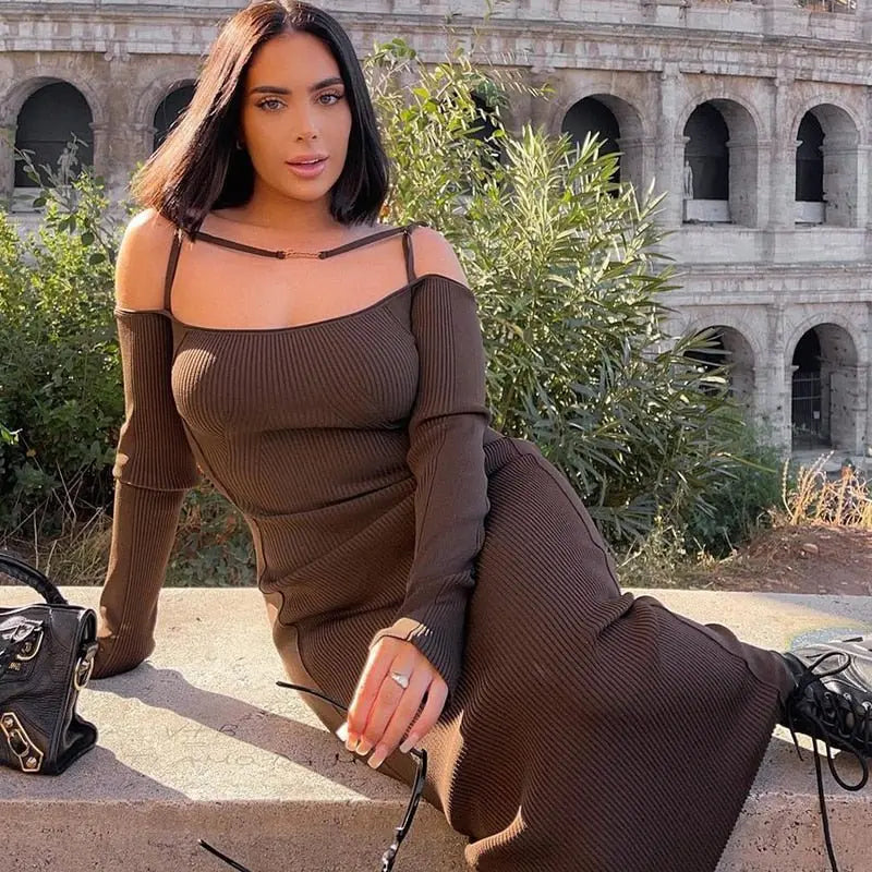 ibbed Solid Slash Neck Slip Long Sleeves Bodycon Mini Dress Streetwear Y2K - Blade & Thread