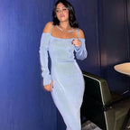 ibbed Solid Slash Neck Slip Long Sleeves Bodycon Mini Dress Streetwear Y2K nowadaysfashion