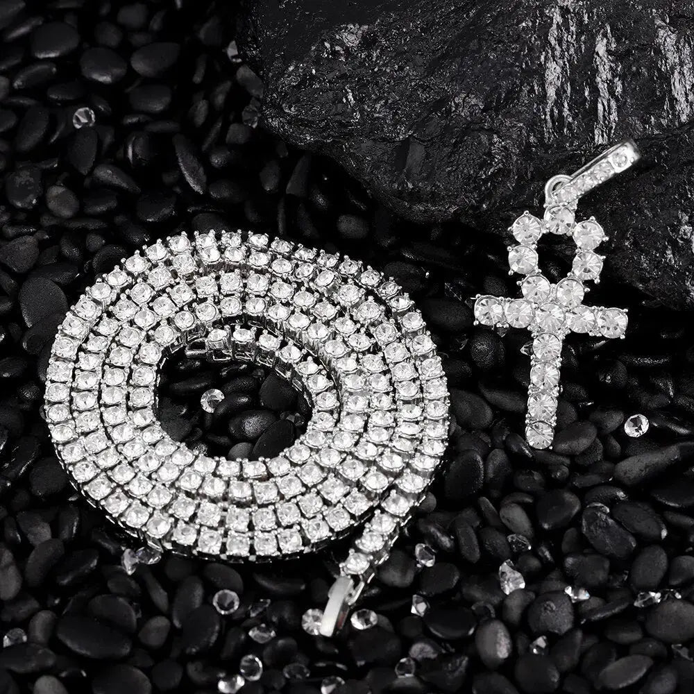 Iced Out Ankh Cross Pendant Necklace Choker Chain Necklace Jewelry nowadaysfashion