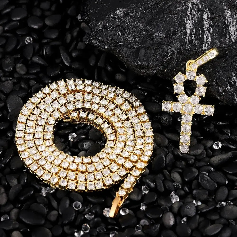 Iced Out Ankh Cross Pendant Necklace Choker Chain Necklace Jewelry nowadaysfashion